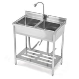 Garvee Fregadero Comercial de Acero Inoxidable 2 Compartimentos con Grifo Giratorio 360° para Restaurantes y Talleres, Estante Inferior, Patas Ajustables - Plata