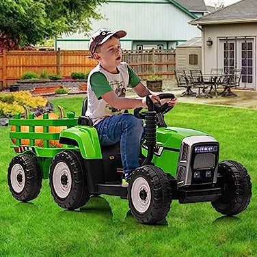 Garvee Tractor Eléctrico 12V, 2 Modos De Conducción, Mando A Distancia, 3 Velocidades, Remolque, Luces LED, Bluetooth, Música USB, 3-7 años, Jardín, Verde