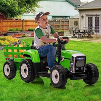 Garvee Tractor Eléctrico 12V, 2 Modos De Conducción, Mando A Distancia, 3 Velocidades, Remolque, Luces LED, Bluetooth, Música USB, 3-7 años, Jardín, Verde