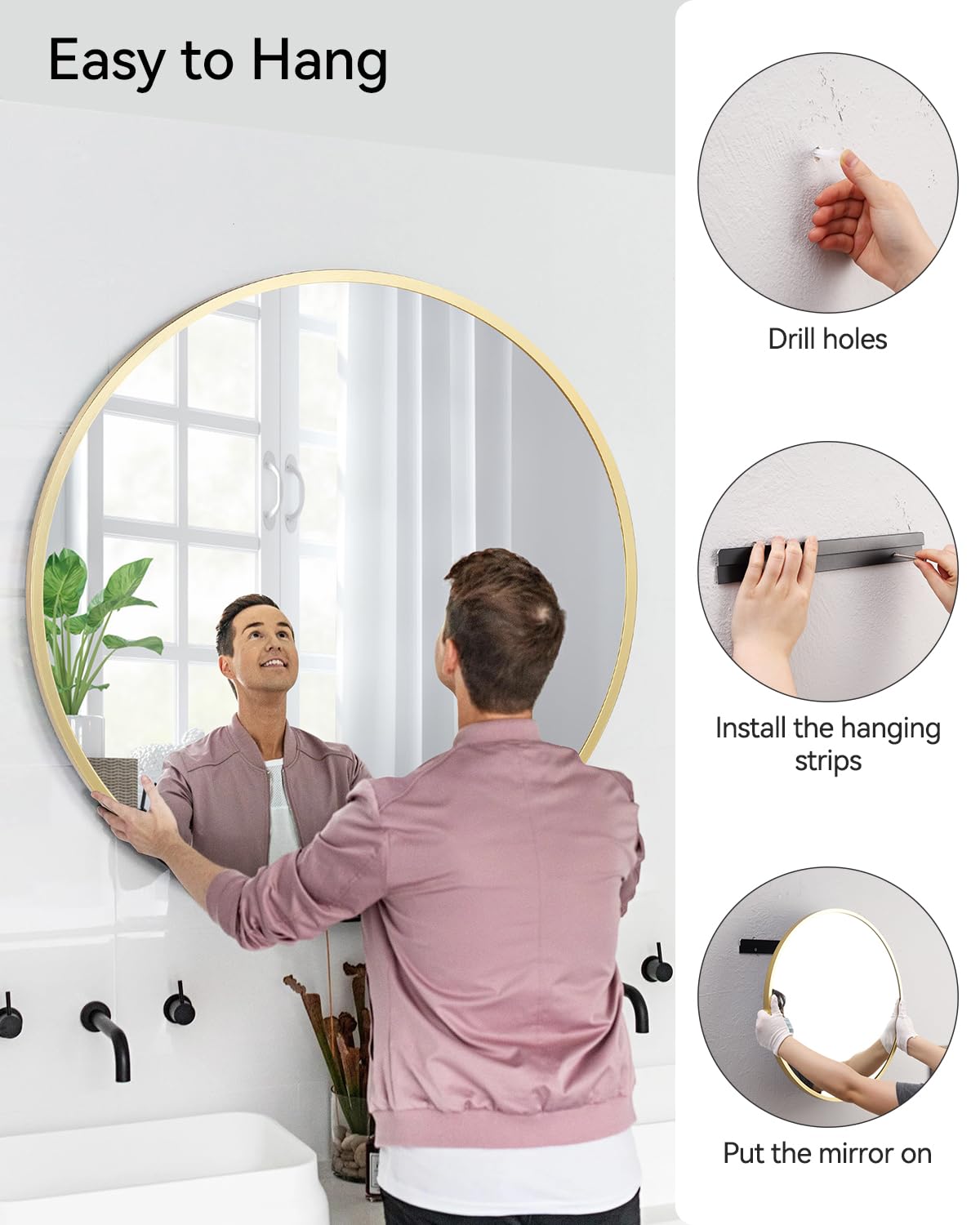 Garvee Espejo Redondo de Baño de 45cm con Marco de Aleación de Aluminio Montaje en Pared Oro