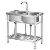 Garvee Fregadero de Acero Inoxidable 2 Cubetas Grifo Giratorio 360° Tubo de Desagüe Duradero para Hogar y Oficina Cocina y Exterior 84x46x76cm - Plata-Fregadero Doble