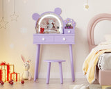 Garvee Set de Tocador Infantil con Luz LED y Forma de Oso - Escritorio y Taburete de Madera para Niñas - Almacenamiento Amplio y Seguro - Ideal para Juegos y Habitaciones - Morado