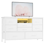 Garvee Cómoda TV Stand con 8 Cajones Profundos, LED RGB, Enchufe Integrado, MDF Resistente, Mesa Consola Blanca para Salón y Dormitorio - Blanco