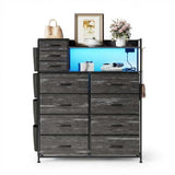 Garvee Cómoda con 11 Cajones de Tela, Estación de Carga y Luces LED para Dormitorio y Sala, Estructura Metálica, Tapa de Madera, Moderna y Funcional - Negro
