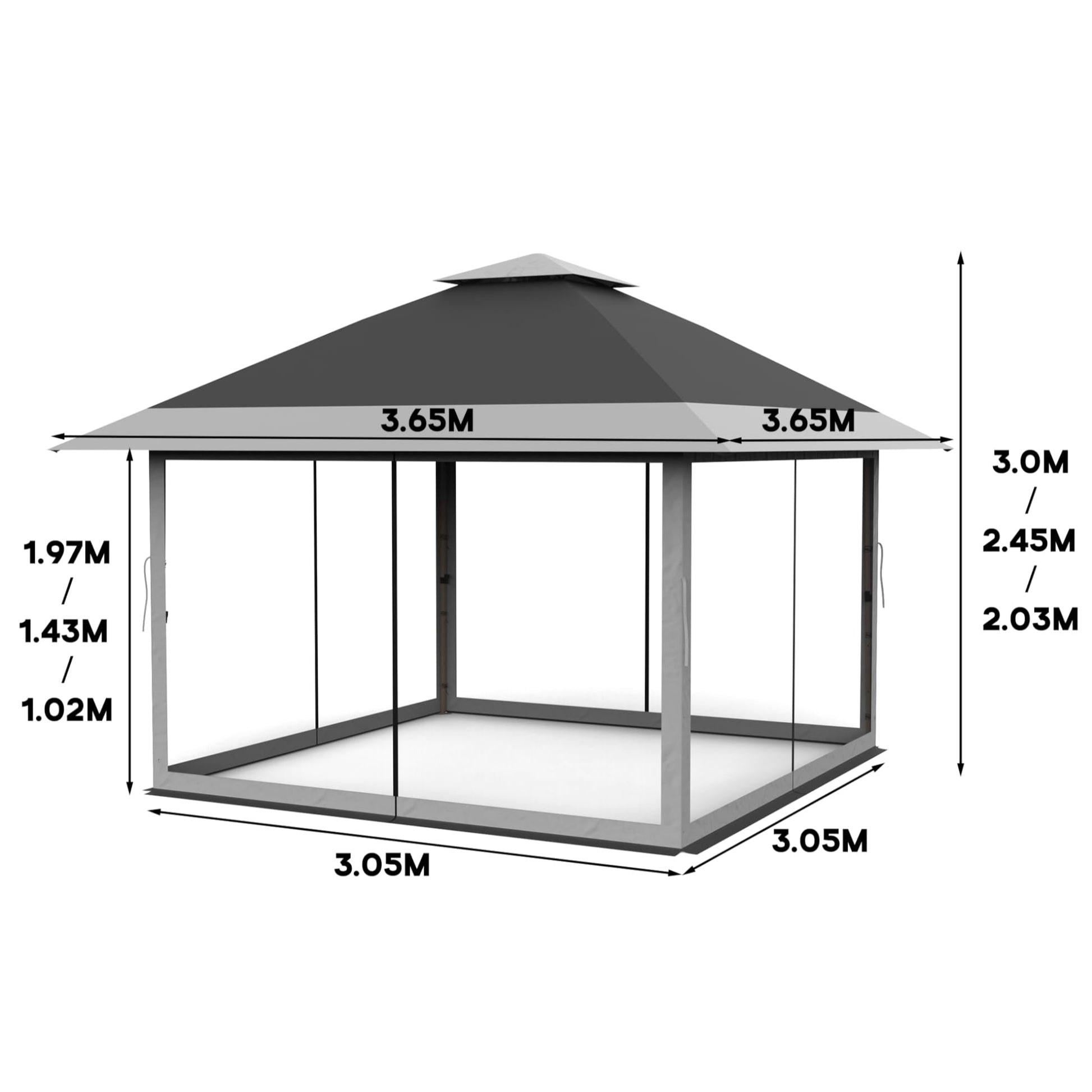 Garvee Carpa Gazebo Plegable 366x366 cm con Alero Retráctil de un Solo Toque y Mosquitera Estructura de Acero Resistente Altura Ajustable Impermeable Eventos al Aire Libre Gris Oscuro y Gris Claro
