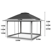 Garvee Carpa Gazebo Plegable 366x366 cm con Alero Retráctil de un Solo Toque y Mosquitera Estructura de Acero Resistente Altura Ajustable Impermeable Eventos al Aire Libre Gris Oscuro y Gris Claro