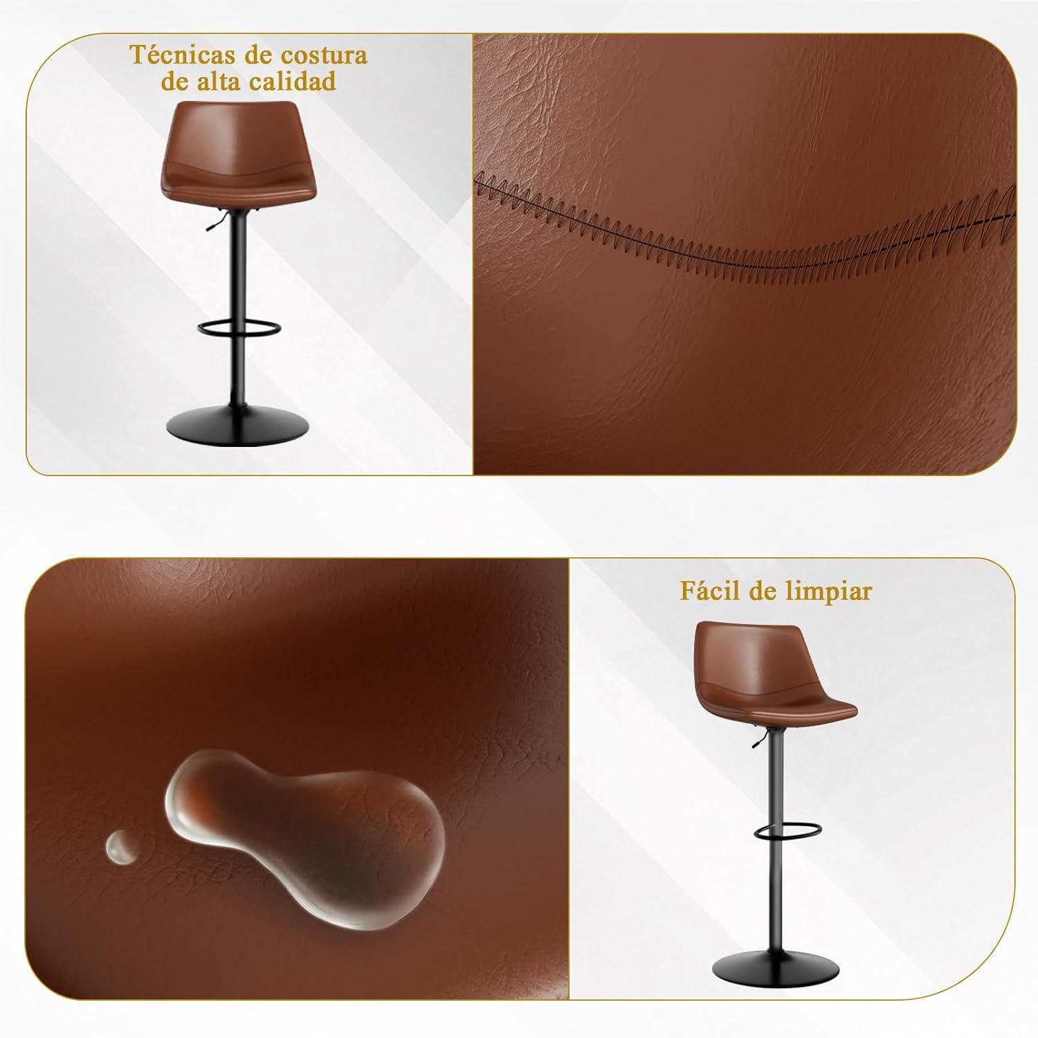 Garvee Pack de 4 Taburetes de Bar Giratorios Ajustables 61-81 cm, Cuero PU Café, Respaldo Alto Ergonómico, Base Metálica Negra, para Cocina y Comedor