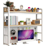 Garvee Organizador de Escritorio Estantería 3 Niveles, Madera y Metal, Ajustable, con Ganchos y Patas Antideslizantes, 95CM, Color Nogal, para Dormitorio y Estudio - Roble & Blanco
