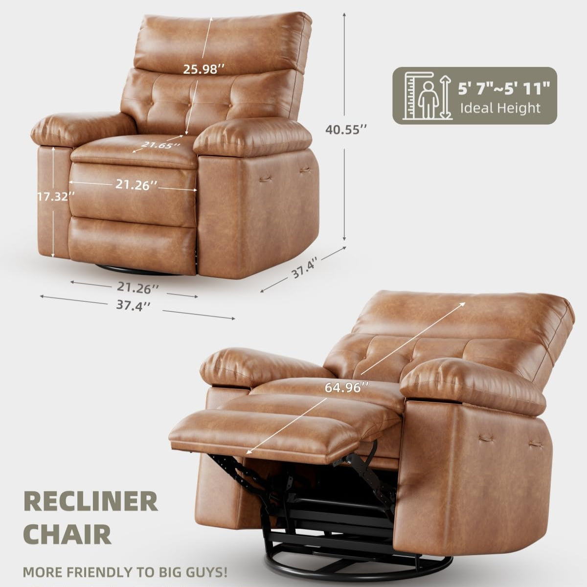 Garvee Sillón Reclinable Extragrande de Cuero PU con Masaje y Calefacción Giratorio 360° y Mecedora Manual Marrón Vintage