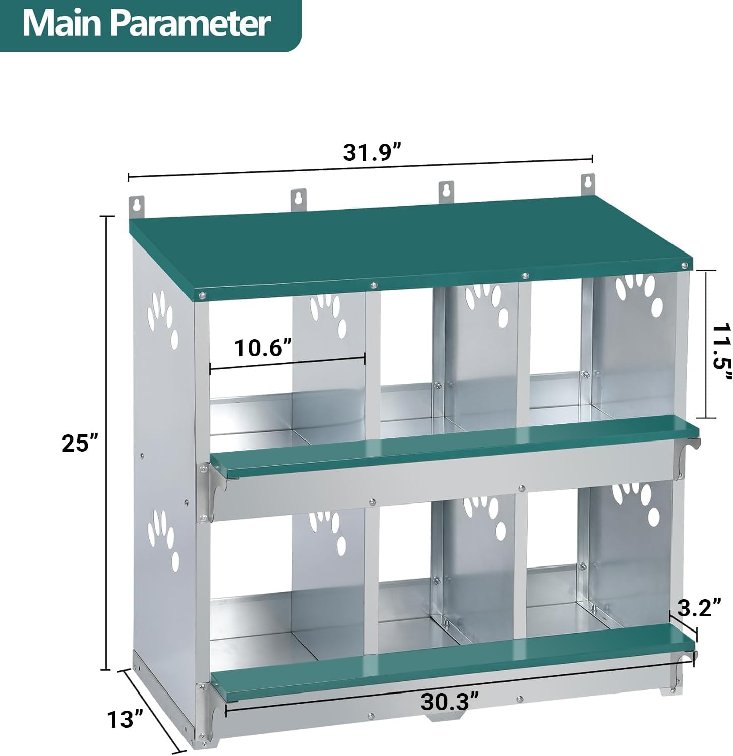 Garvee Caja de Anidación para Pollos 2 Capas 6 Compartimentos con Patas, Acero Galvanizado, Con 6 Huevos Falsos, Bandeja de Huevos Barra de Posadero, Resistente a la Oxidación, Verde Oscuro