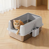 Garvee Arenero para Gatos Extra Grande de Acero Inoxidable, Bandeja Sanitaria Antifugas con Tapa Alta y Pala, Gris - Gris