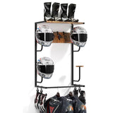 Garvee Soporte para Casco de Moto de Pared - Estante de Madera y Metal para Cascos, Chaquetas y Guantes - Organizador de Garaje Industrial con 4 Ganchos y Clips