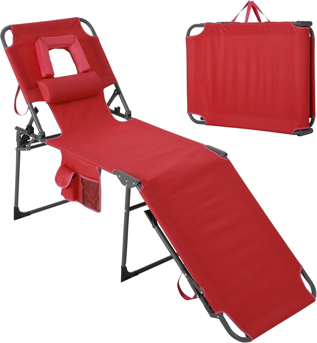 Garvee Tumbona Plegable con Orificio Facial, Respaldo Ajustable en 5 Posiciones, Tejido Oxford 600D, Modelo Alto, Rojo