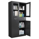 Garvee Gabinete de exhibición metálico con cerradura, puertas de vidrio, 180.34cm de alto, color negro, para garaje y oficina, acero resistente, 2 estantes ajustables, 2 cajones