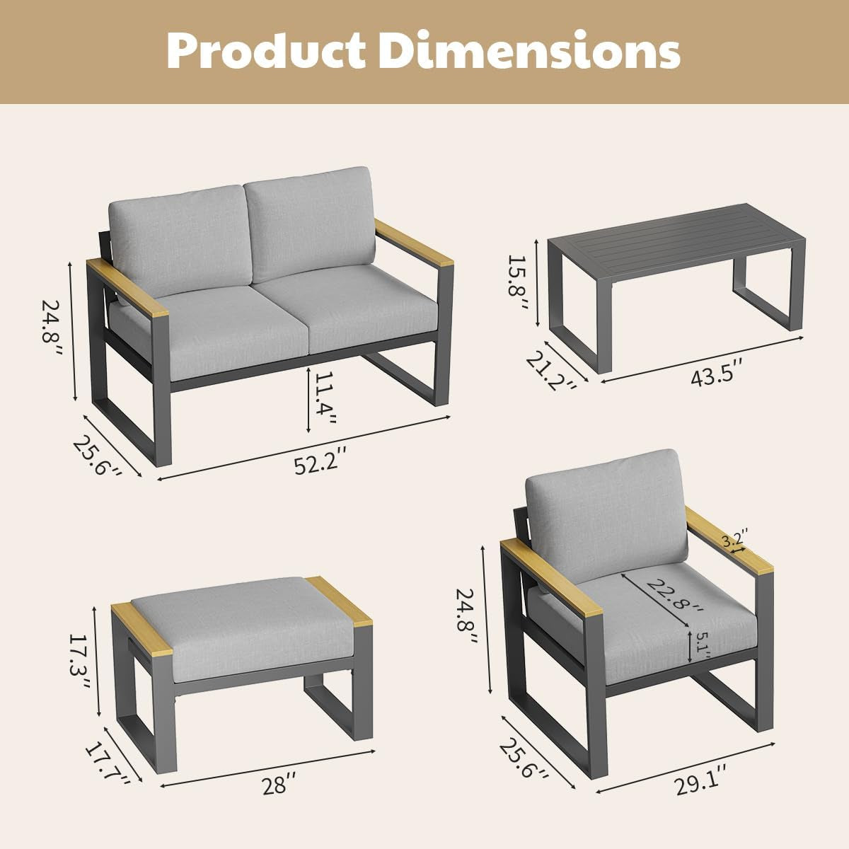 Garvee Set de 2 Otomanas de Aluminio para Exterior Taburetes Reposapiés de Jardín con Cojines Extraíbles de 12.7 cm para Patio Terraza y Balcón Gris