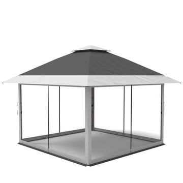 Garvee Carpa Gazebo Plegable 366x366 cm con Alero Retráctil de un Solo Toque y Mosquitera Estructura de Acero Resistente Altura Ajustable Impermeable Eventos al Aire Libre Gris Oscuro y Gris Claro