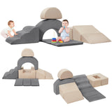 Garvee Set de 7 Bloques de Escalada Infantiles con Tobogán y Rampa, Espuma de Alta Densidad y Funda de Terciopelo Lavable, para Hogar y Guardería, Gris y Beige