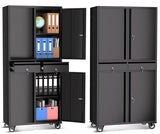 Garvee Gabinete de Garaje 180 cm con Ruedas Bloqueables y Estantes Ajustables, Acero Resistente, Organizador Móvil para Taller y Hogar, Negro