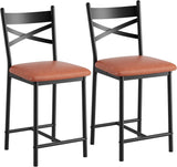 Garvee Juego de 2 Taburetes de Bar de 66 cm de Altura con Respaldo en X y Asiento Acolchado de Cuero PU con Estructura de Metal y Madera para Cocina y Barra Marrón - Marrón