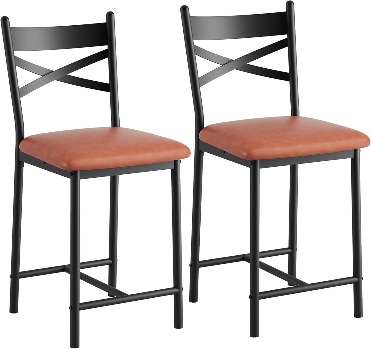 Garvee Juego de 2 Taburetes de Bar de 66 cm de Altura con Respaldo en X y Asiento Acolchado de Cuero PU con Estructura de Metal y Madera para Cocina y Barra Marrón