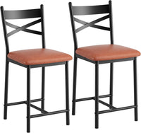 Garvee Juego de 2 Taburetes de Bar de 66 cm de Altura con Respaldo en X y Asiento Acolchado de Cuero PU con Estructura de Metal y Madera para Cocina y Barra Marrón