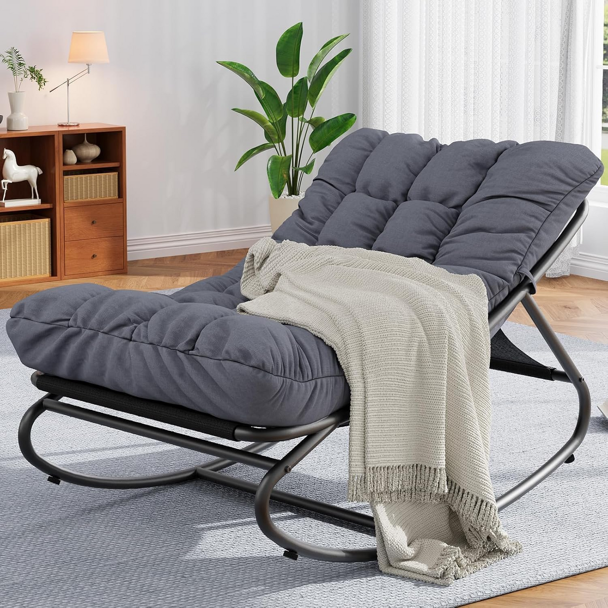 Garvee Silla Mecedora Exterior Papasan de Metal Ajustable Resistente 204 kg Cojín Impermeable Patio Jardín