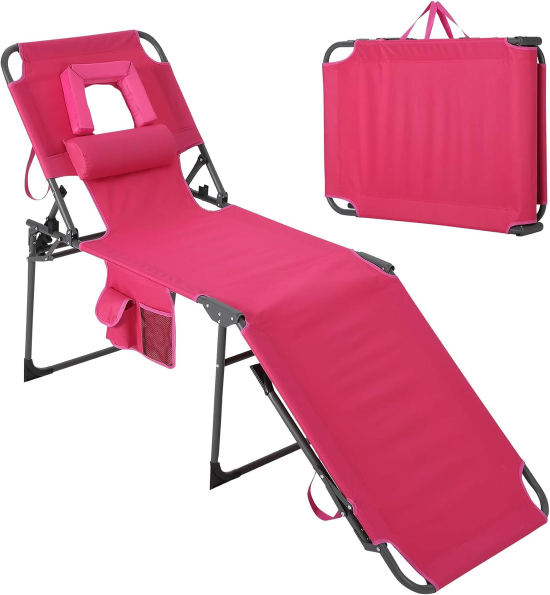 Garvee Tumbona Alta de Playa Plegable con Abertura Facial Acolchada, Respaldo Reclinable de 5 Posiciones, Bolsillo Lateral y Tejido Oxford 600D, Rosa