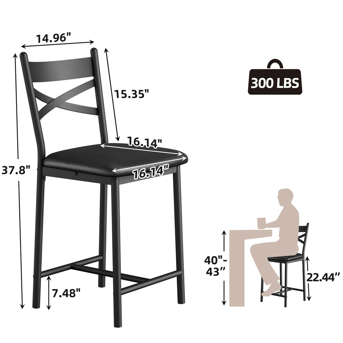 Garvee Juego de 4 Taburetes Altos de Bar con Respaldo Metálico en X para Isla de Cocina o Comedor 56cm Negro
