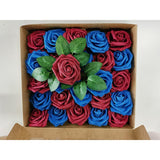 Garvee Caja de Rosas Artificiales PE Flores de Jabón Realistas con Luz Romántica para Navidad y San Valentín, Material Látex, Flexible y Duradero - 13 Flores Rojo Vino Más 12 Flores Azul Real