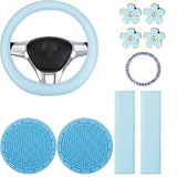 Garvee Set De Accesorios De Coche Para Mujer - Cubierta De Volante De Cuero Azul - Diseño Floral - Protección De Volante Y Cinturón - Fácil Instalación - Uso Diario - Azul