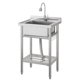 Garvee Fregadero Utilitario Independiente de Acero Inoxidable 304, Un Seno con Grifo Giratorio 360°, Estante y Accesorios para Cocina, Lavandería y Exteriores 58x48x90 cm - Plata