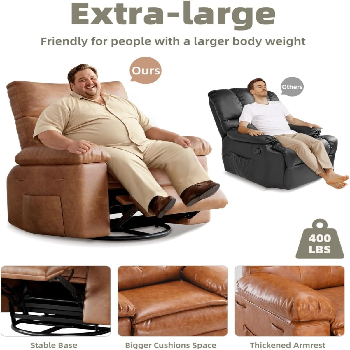 Garvee Sillón Reclinable Extragrande de Cuero PU con Masaje y Calefacción Giratorio 360° y Mecedora Manual Marrón Vintage