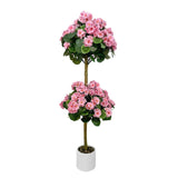 Garvee Geranio Artificial de Doble Bola, Planta Ornamental de Seda Realista para Interior y Exterior, 122 cm, Maceta Blanca, Flores Rosas - Rosa