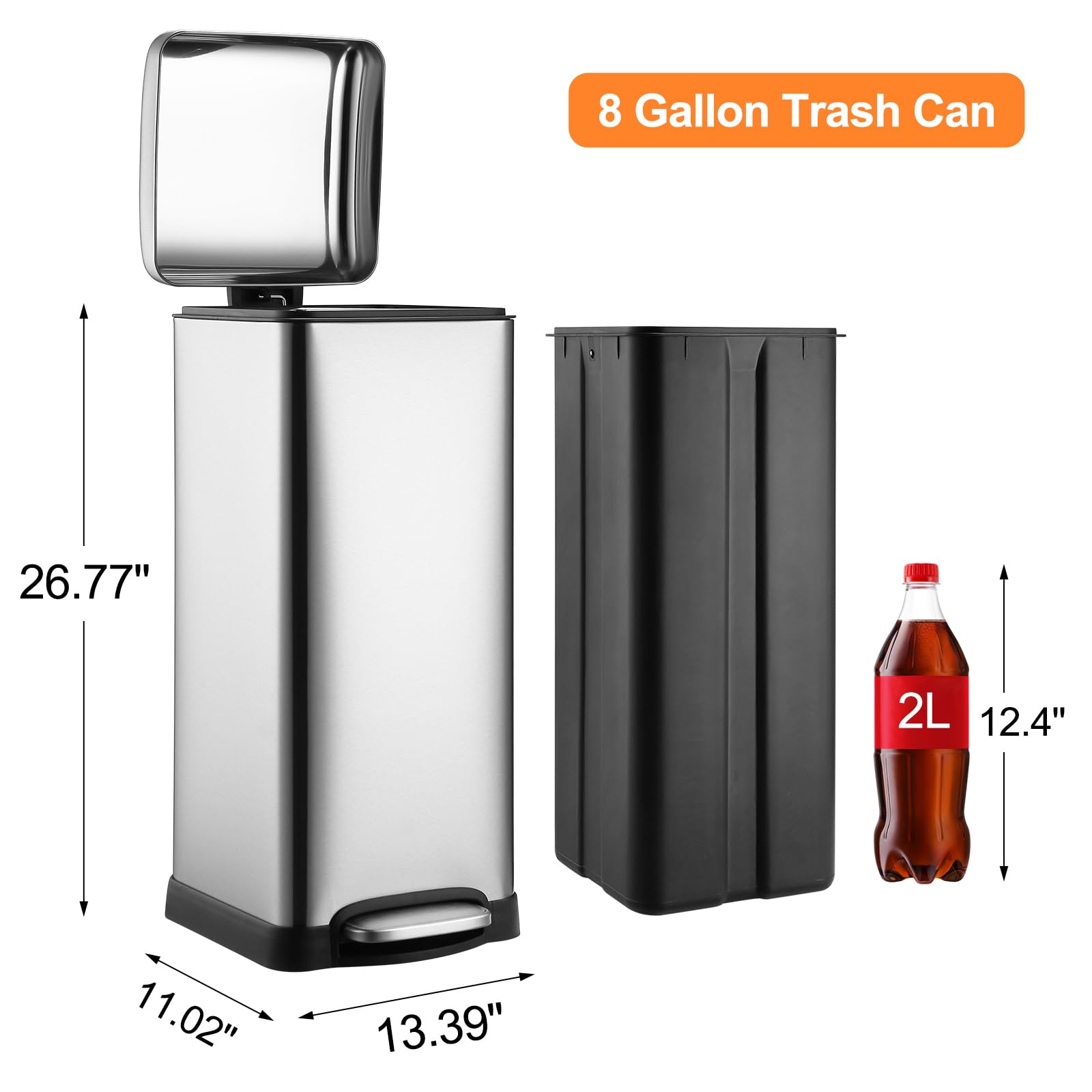 Garvee Bote de Basura de Acero Inoxidable Modelo LTM7-30L, 34×28×68cm con Pedal y Tapa Cerrada Húmeda, Cubeta Extraíble y Sellado de Aceite, Ideal para Cocina y Oficina, Color Acero Inoxidable