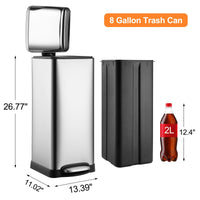 Garvee Bote de Basura de Acero Inoxidable Modelo LTM7-30L, 34×28×68cm con Pedal y Tapa Cerrada Húmeda, Cubeta Extraíble y Sellado de Aceite, Ideal para Cocina y Oficina, Color Acero Inoxidable