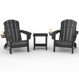 Garvee Conjunto de Terraza Adirondack Plegable, Set de 2 Sillas y 1 Mesa Auxiliar de Plástico HDPE con Textura de Madera para Jardín, Patio y Piscina - Negro
