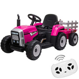 Garvee Tractor Eléctrico 12V con Remolque Desmontable y Ruedas EVA Control Remoto para Pequeños Granjeros 3-6 Años Rosa