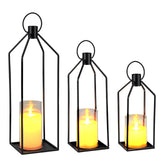 Garvee Set 3 Faroles Modernos De Metal Con Velas LED De Cera Real Para Interior Y Exterior, Negro/ Oro, S/M/L - Negro