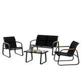 Garvee Set De Muebles De Jardín 4 Piezas Textilene Con Mesa De Vidrio Y Sofá, Acero Resistente, Brazos En Madera, Para Exterior, Balcón Y Jardín, Negro