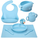 Garvee Set 7 Piezas Vajilla Infantil Silicona Antideslizante Sin BPA Con Ventosa Para Alimentación Uso Diario Azul