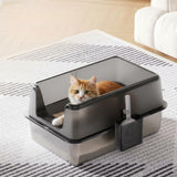 Garvee Arenero de Acero Inoxidable para Gatos, Caja de Arena Higiénica con Protector de Valla Alta y Pala, Negro - Negro