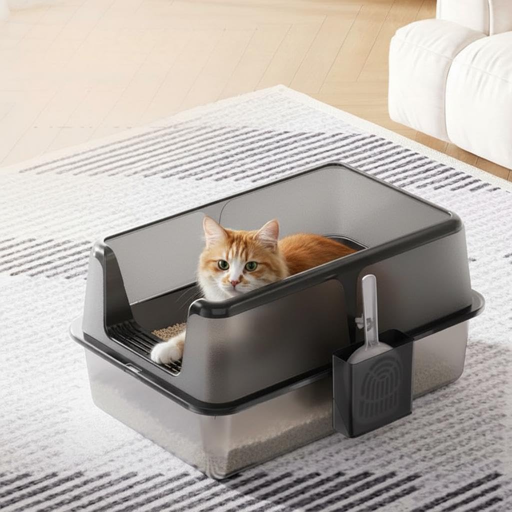 Garvee Arenero de Acero Inoxidable para Gatos Grande, Caja de Arena con Valla Alta Anti-Fugas y Pedal Filtro para Casa 60 x 40 x 35,5 cm