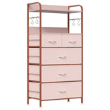 Garvee Cómoda de Entredós con 5 Cajones de Tela Estantes Abiertos y Ganchos Laterales 120x60x30 cm Rosa - Rosa