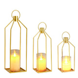 Garvee Set De 3 Faroles Metálicos Dorados Con Velas LED Parpadeantes, Timer 6h, Resistente Para Interior Y Exterior, Tamaños S/M/L, Ideal Para Salón Y Terraza - Dorado