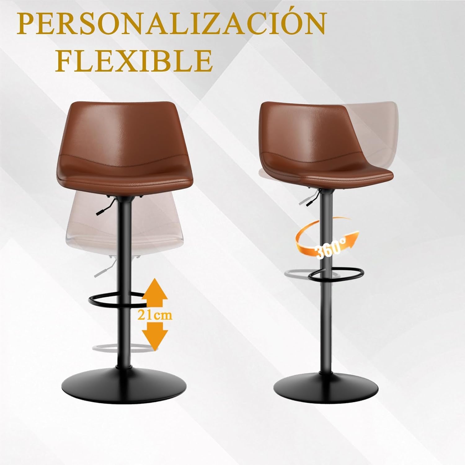 Garvee Pack de 4 Taburetes de Bar Giratorios Ajustables 61-81 cm, Cuero PU Café, Respaldo Alto Ergonómico, Base Metálica Negra, para Cocina y Comedor