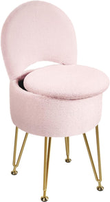 Garvee Taburete De Tocador Con Almacenaje, Respaldo Plegable, Piel Sintética Rosa, Patas Metálicas Antideslizantes Para Dormitorio Y Tocador - Rosa