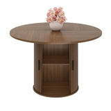 Garvee Mesa De Comedor Redonda 47'' Con Almacenaje Oculto, Base Pedestal T, Madera MDF Nogal, Cocina Pequeña, Estilo Rústico - Nogal