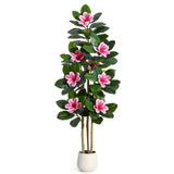Garvee Árbol de Caucho Artificial con Flores Rosas y Maceta Cerámica para Decoradores en Hogar u Oficina 152cm Verde - Rosa