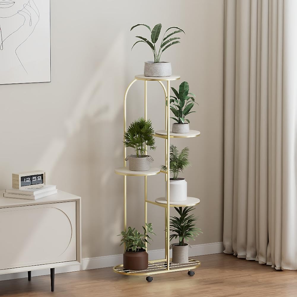 Garvee Soporte para plantas metálico Garvee de 4 niveles, para interior y exterior, 93 cm, dorado, estructura robusta de hierro con ruedas