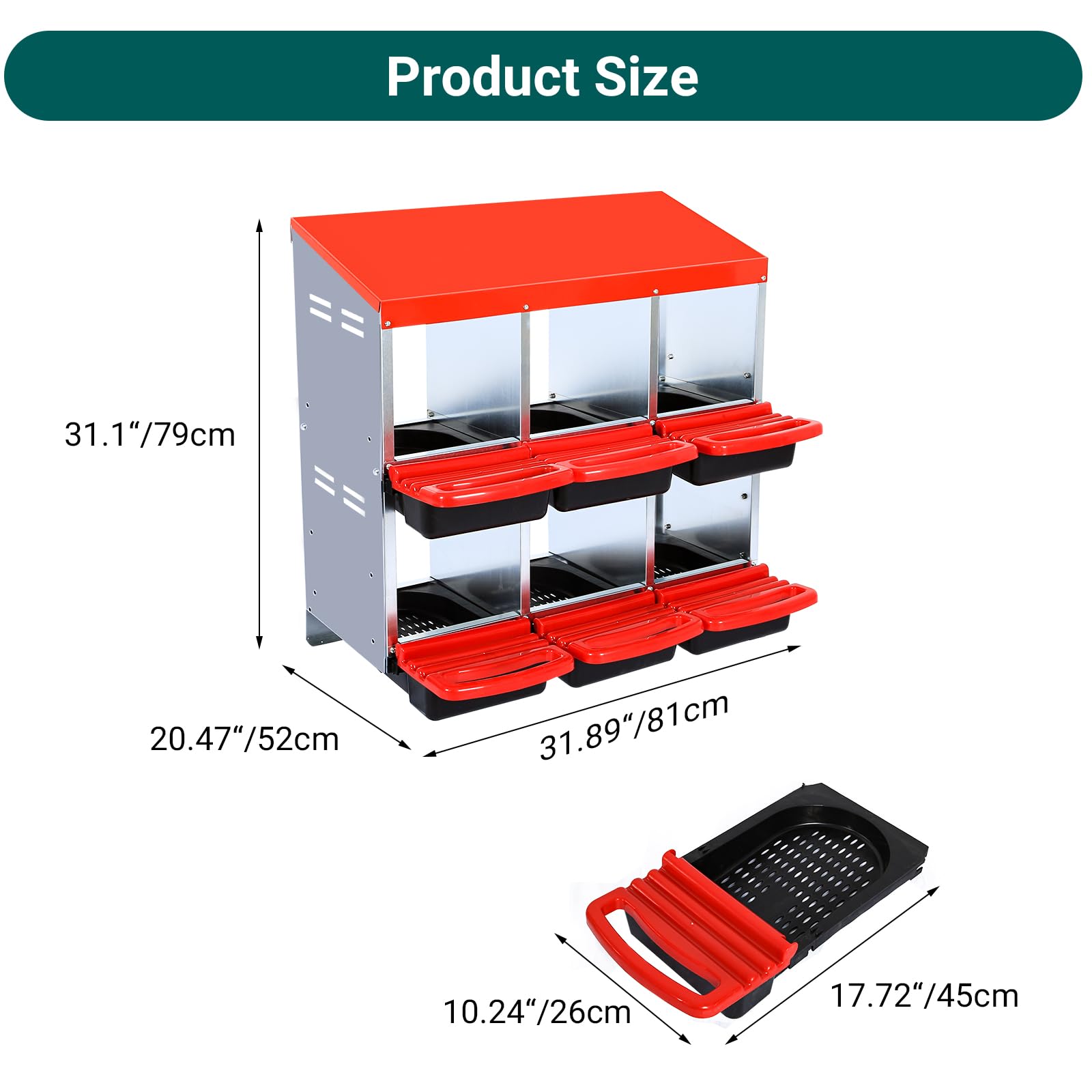 Garvee Caja de Anidación para Pollos 2 Niveles 6 Compartimentos, Acero Galvanizado 0.6mm con Tapa Esmaltada, Techo Impermeable, Bandejas Extraíbles Granjas, Rojo